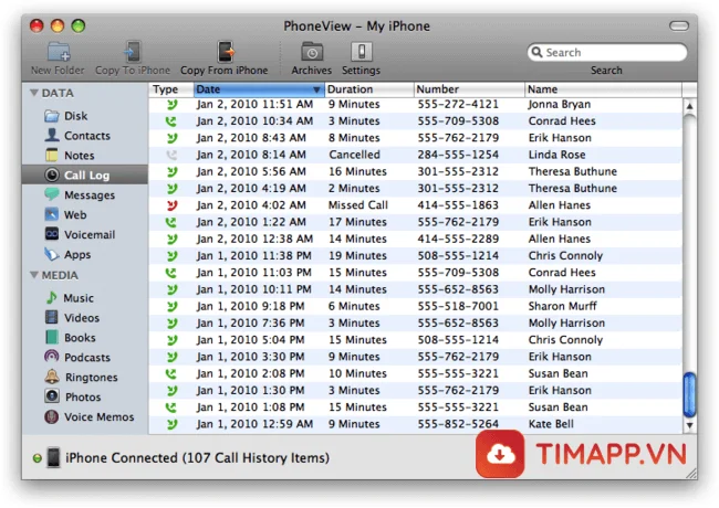 cách kiểm tra lịch sử cuộc gọi trên iphone qua Phoneview