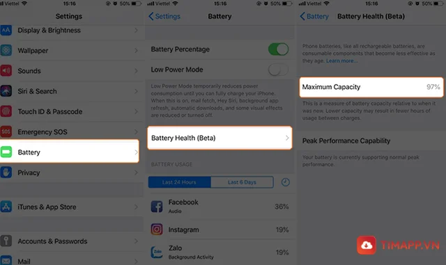 Kiểm tra dung lượng pin iPhone 11 qua Battery Health