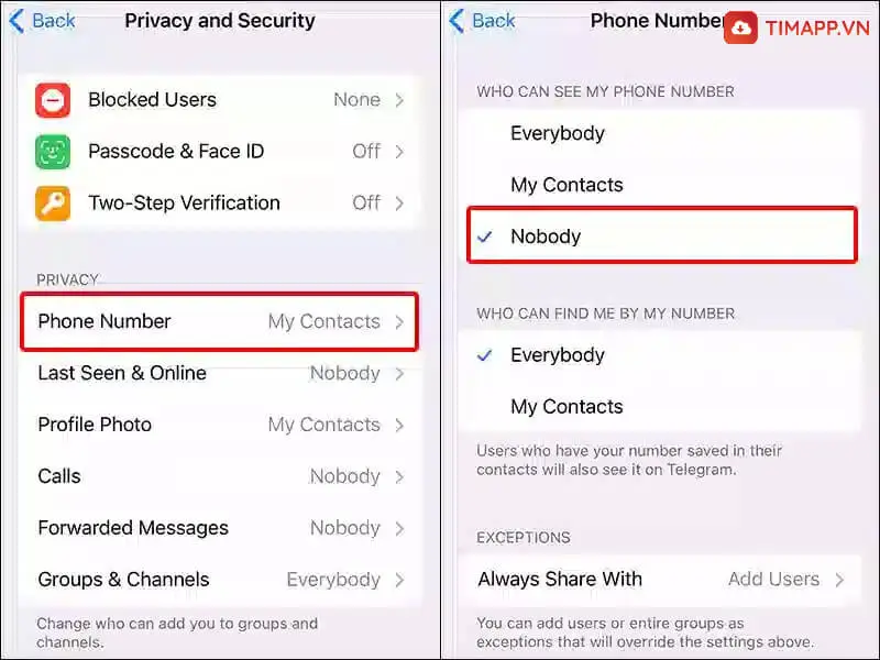 Cách ẩn số điện thoại trên Telegram với điện thoại iPhone