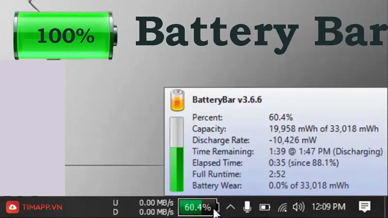 BatteryBar cảnh báo pin theo thời gian và phần trăm pin