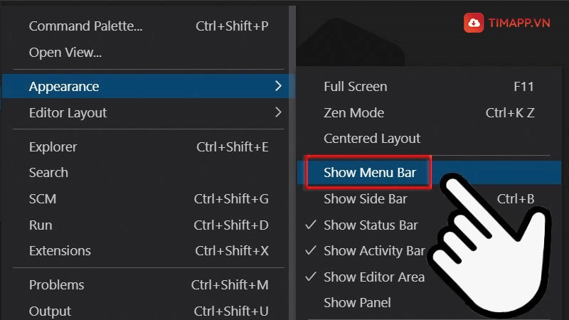 Cách làm xuất hiện thanh công cụ trong Visual Studio Code bằng Menu 
